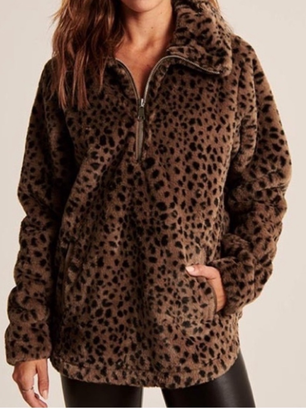 Abercrombie & Fitch faux fur animal print half-zip pullover plush fleece